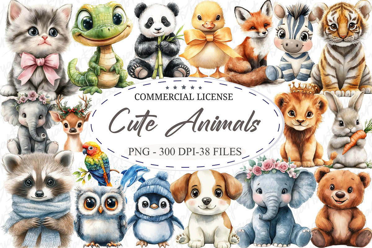 Watercolor Cute Animals Clipart, an Illustration by designcity5 (Photo 1 of 5)