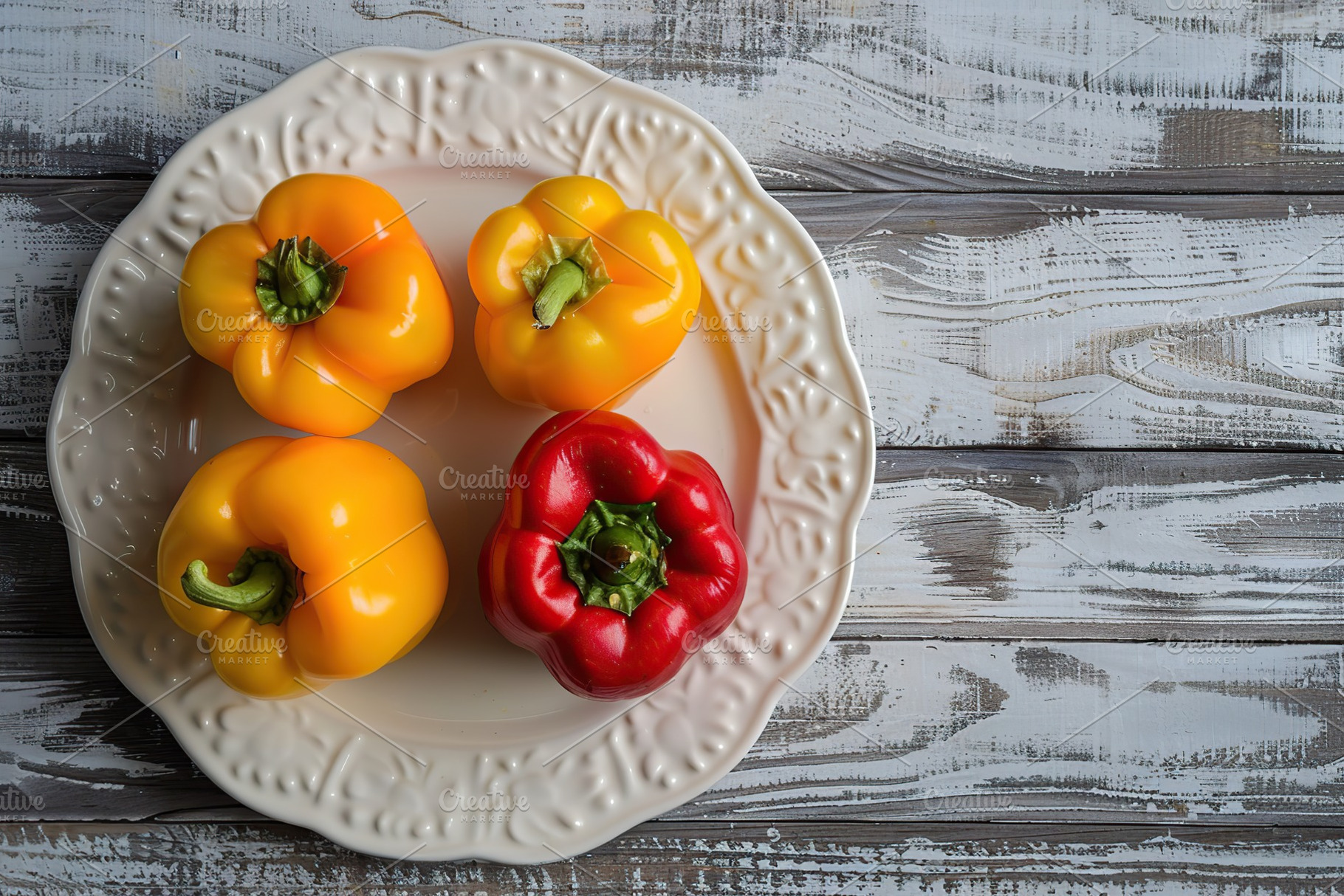 Ripe colorful peppers on wooden table, a Food & Drink Photo by AlyaAnd