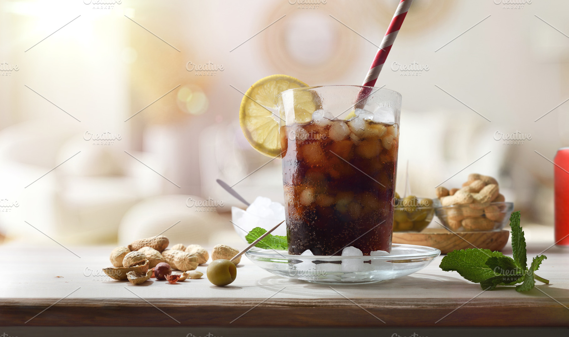 Refreshing cola drink on wooden table with snacks in room, a Food & Drink Photo by Davizro's Market