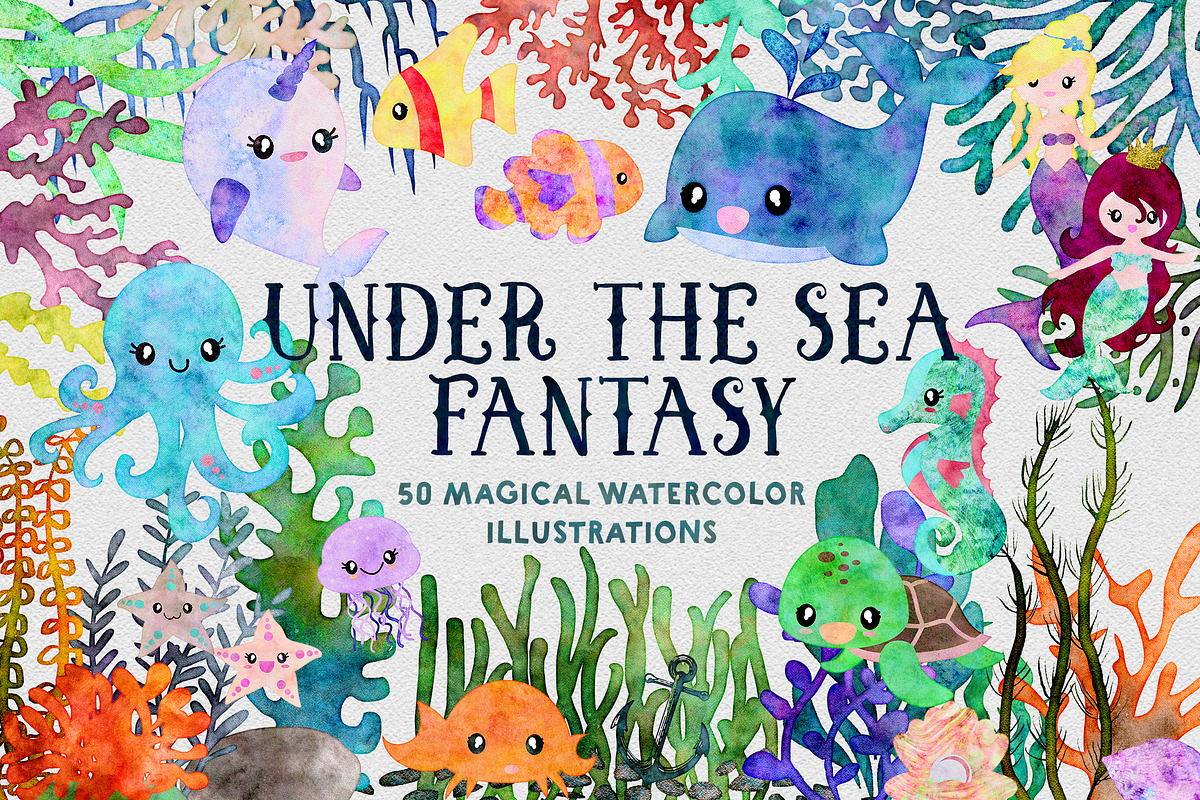 Ocean Fantasy Watercolor Bundle, an Animal Illustration by ClipartBrat Graphics (Photo 1 of 6)