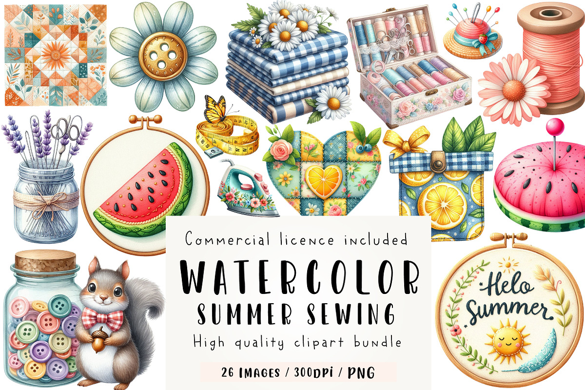 Watercolor Summer Sewing Clipart, an Illustration by CreationArt (Photo 1 of 5)