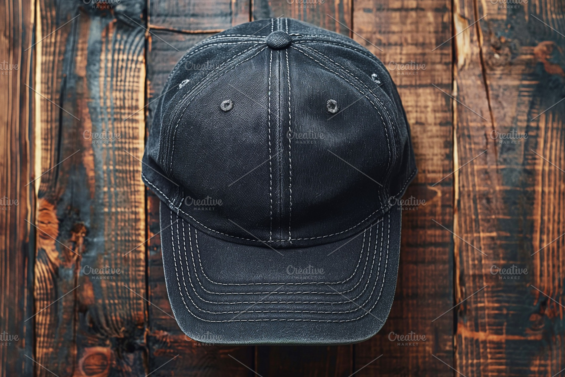 A close-up view of a worn black baseball cap on a rustic wooden surface., a Background Photo by ImageMir