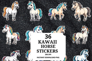 36 KAWAII HORSE Stickers Clipart