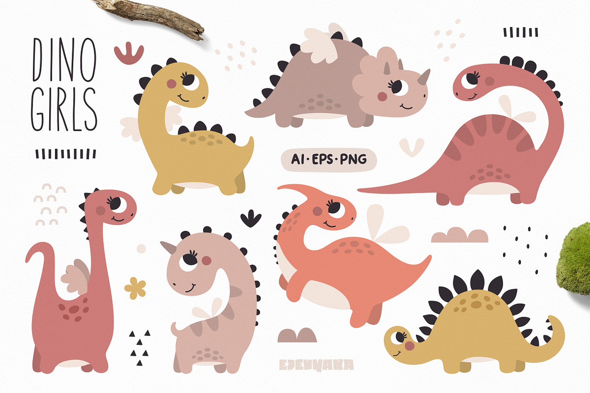 Cute Dinosaur Girl Clipart, Patterns, an Animal Illustration by Ejevyaka (Photo 2 of 9)