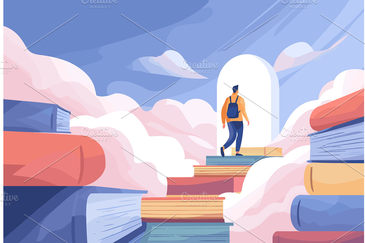 Man climbing on books. Student, a Person Illustration by Stock-Smart-Start
