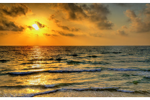 Sunset over the mediterranean sea off the coast of tel aviv featuring sunset, a Transportation Photo by Leonid Andronov