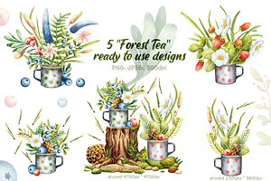 Forest Tea Time. Watercolor Clipart.