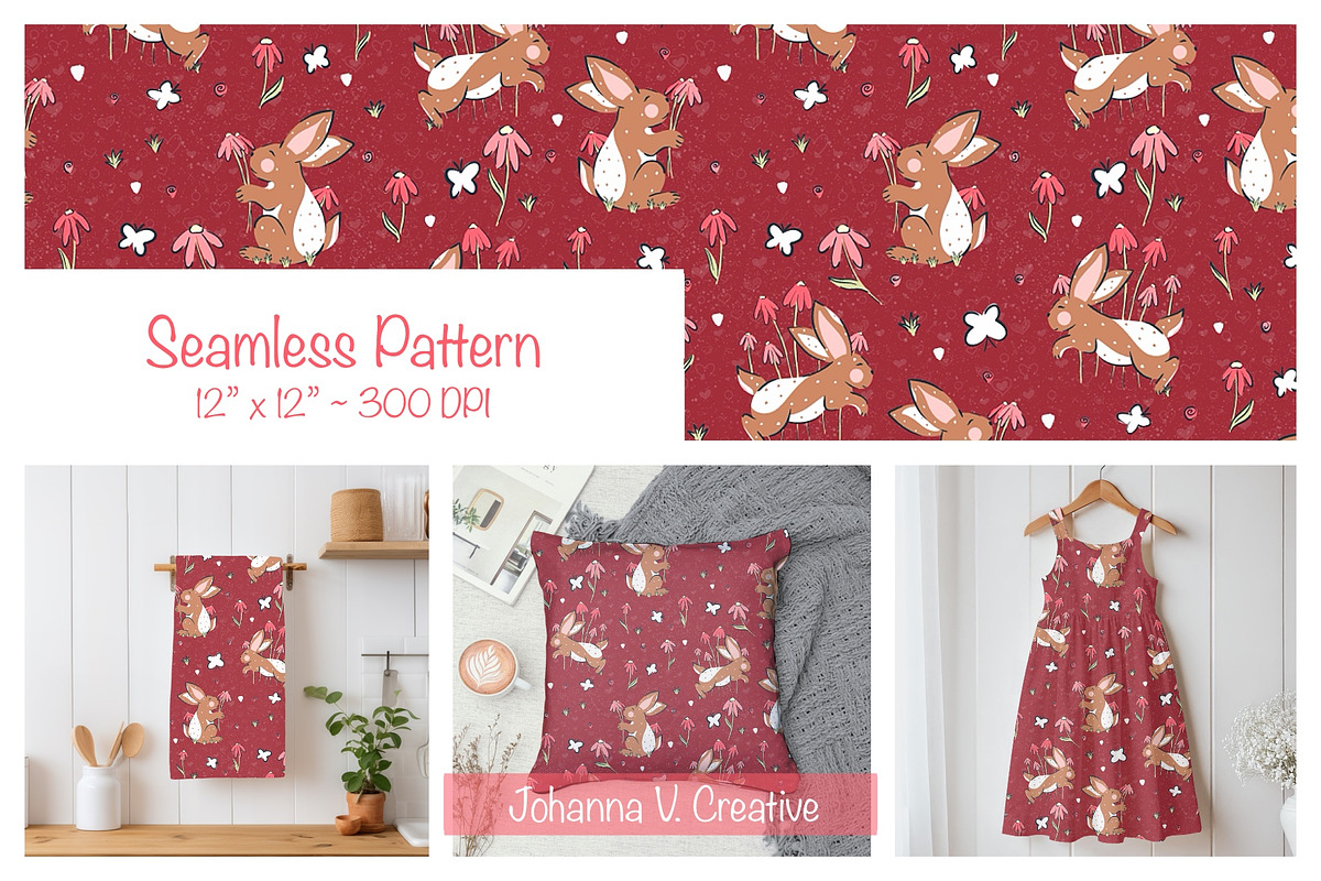 Valentine Bunny & Flower Pattern, an Illustration by Johanna V. Creative (Photo 1 of 3)