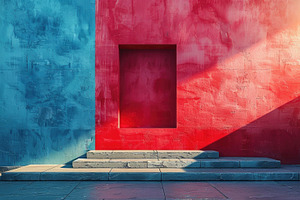 Colorful Urban Wall with Red Doorway and Blue Concrete Texture, an Abstract Photo by José Manuel Gelpi
