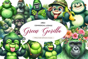 Watercolor Green Gorilla Collection, an Illustration by CreationArt