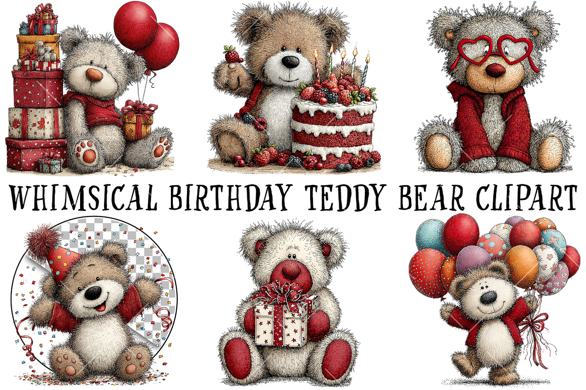 Whimsical Birthday Teddy Bear Clipar, an Illustration by OK Design (Photo 2 of 6)