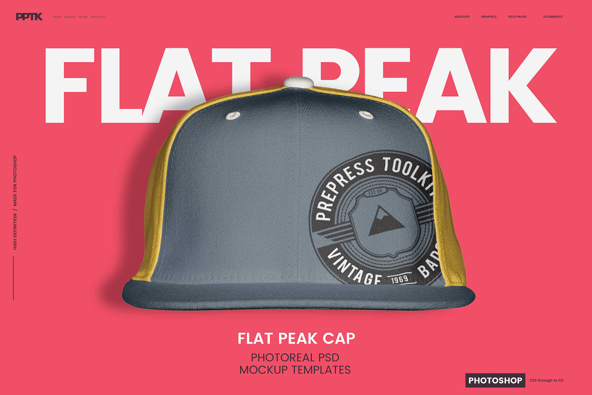 Flat Peak Cap Photoshop Template, a Hat Mockup by PrePress Toolkit (Photo 1 of 4)
