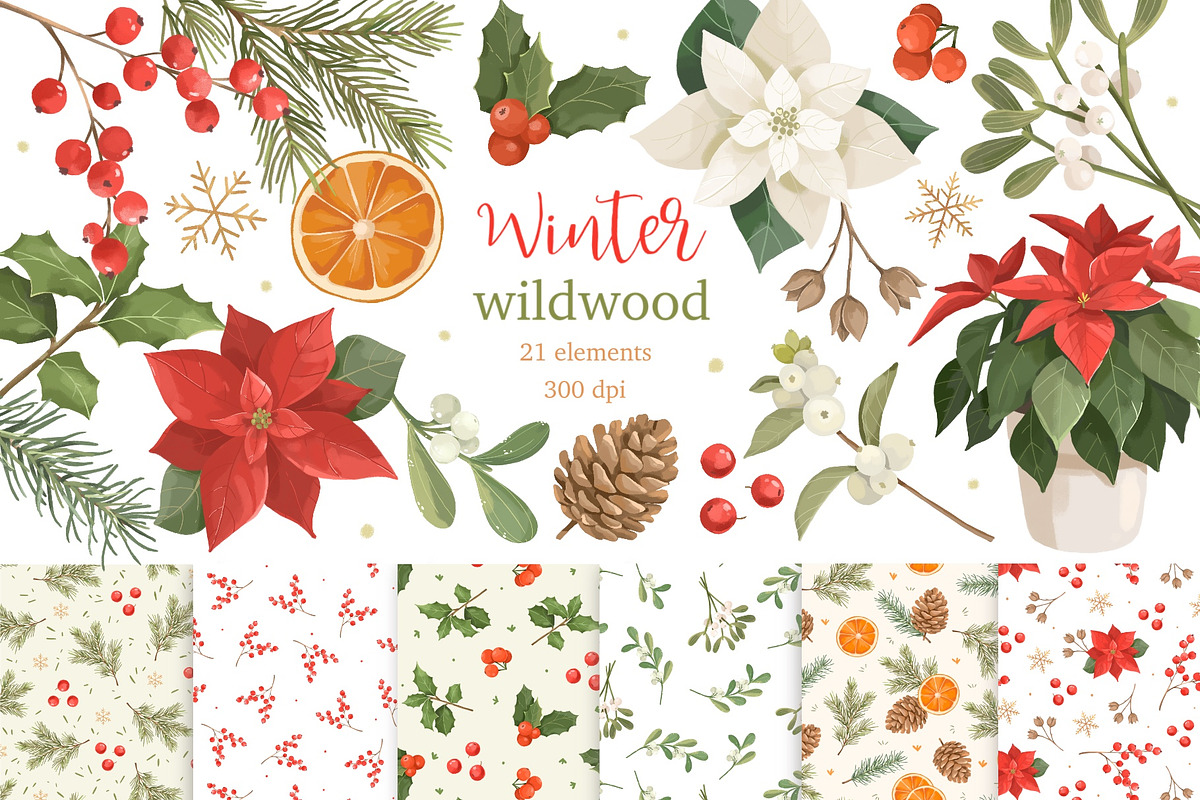 Christmas Greenery & Berries Clipart, a Seasonal Illustration by ArtGiftsStudio (Photo 1 of 6)