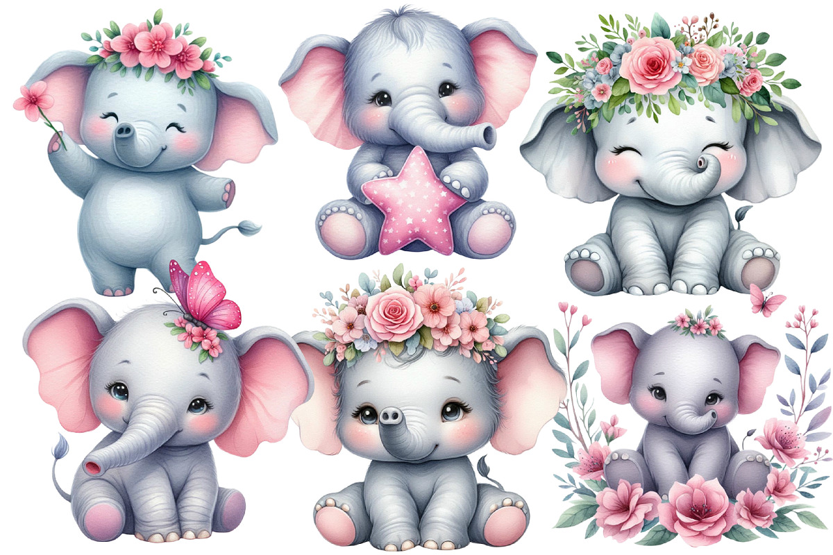 Baby elephant watercolor clipart, an Illustration by Designworld (Photo 2 of 4)