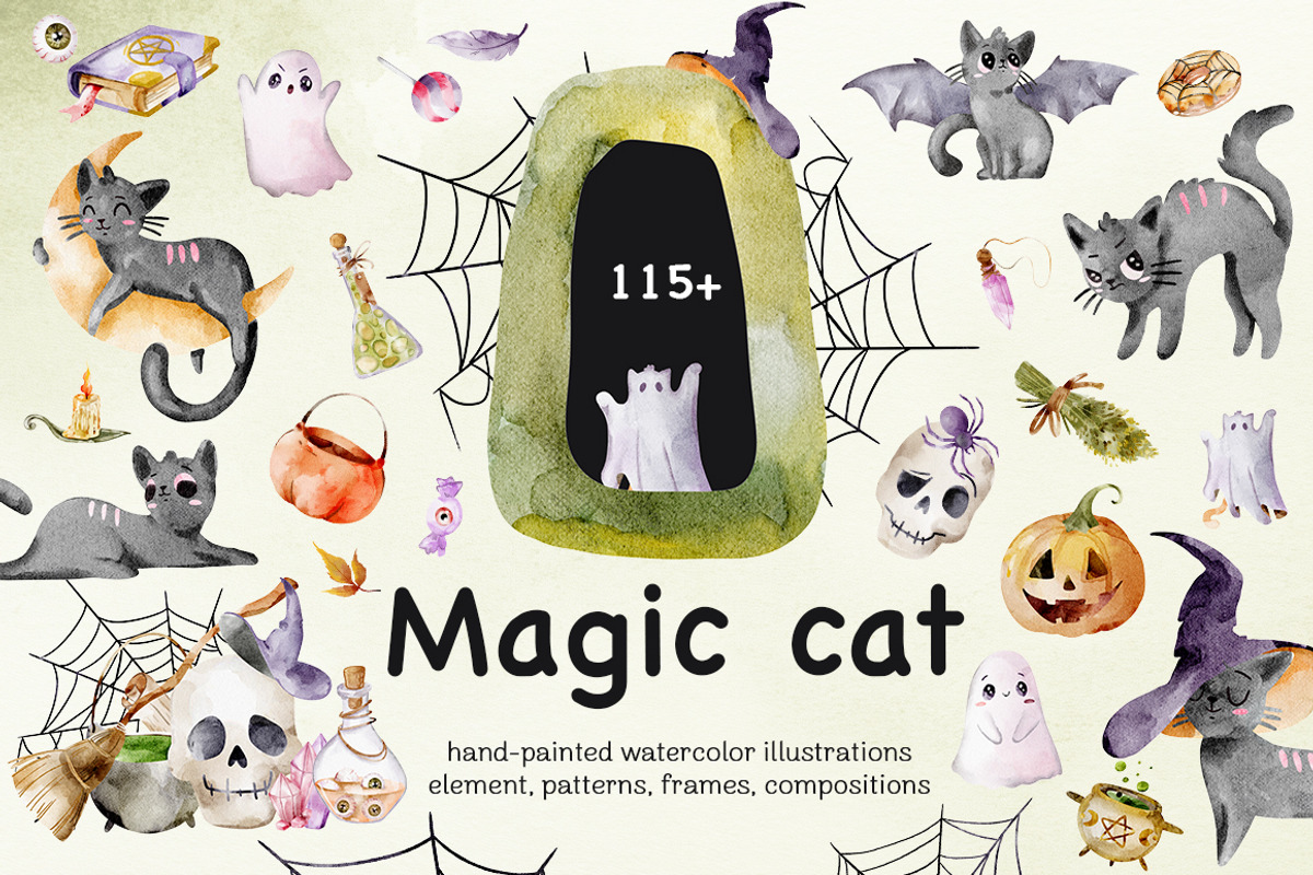 Magic Cat: Halloween PNG Clipart, an Object Graphic by Pattern + watercolor (Photo 1 of 13)