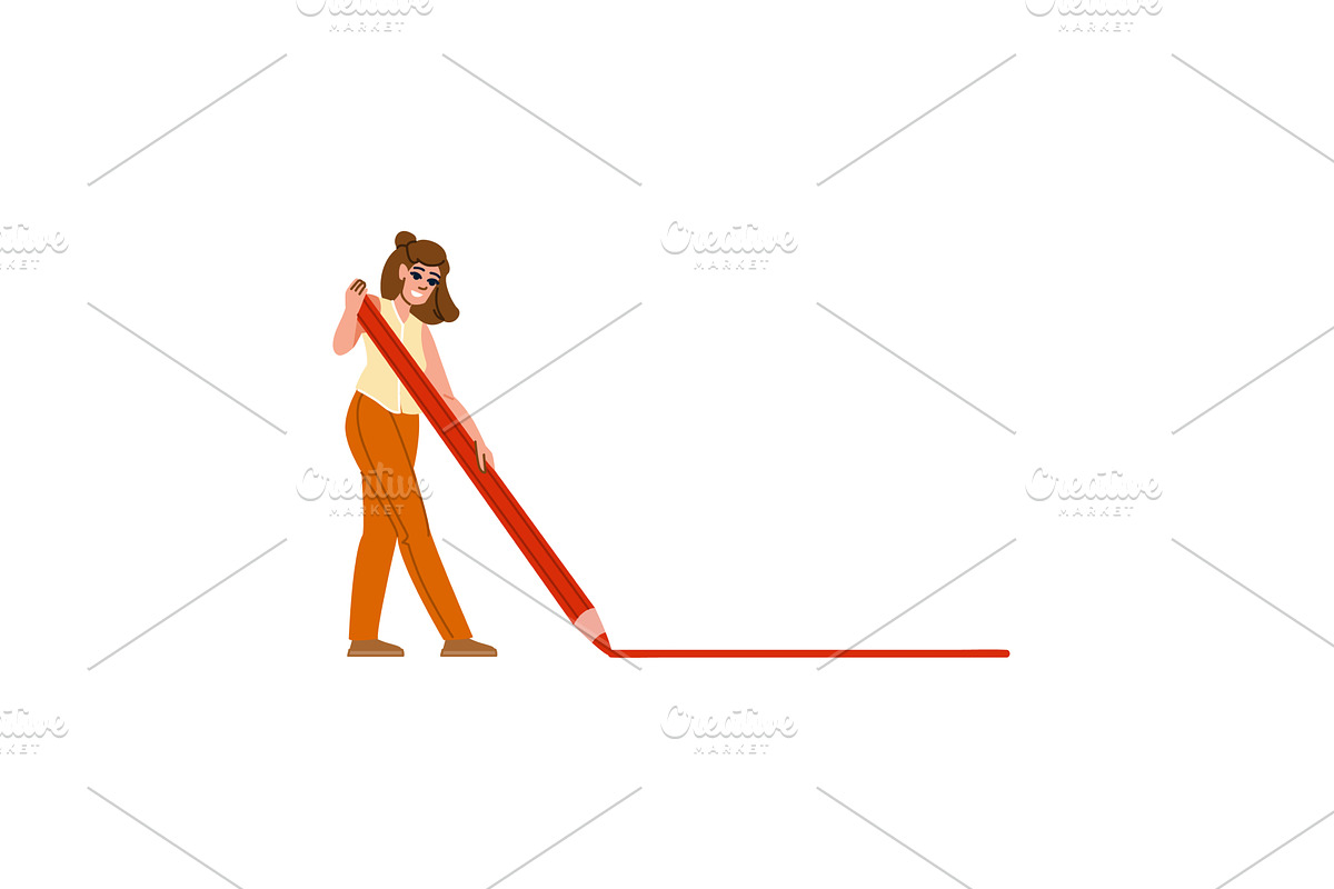 Woman drawing red line with giant, an Illustration by pikepicture