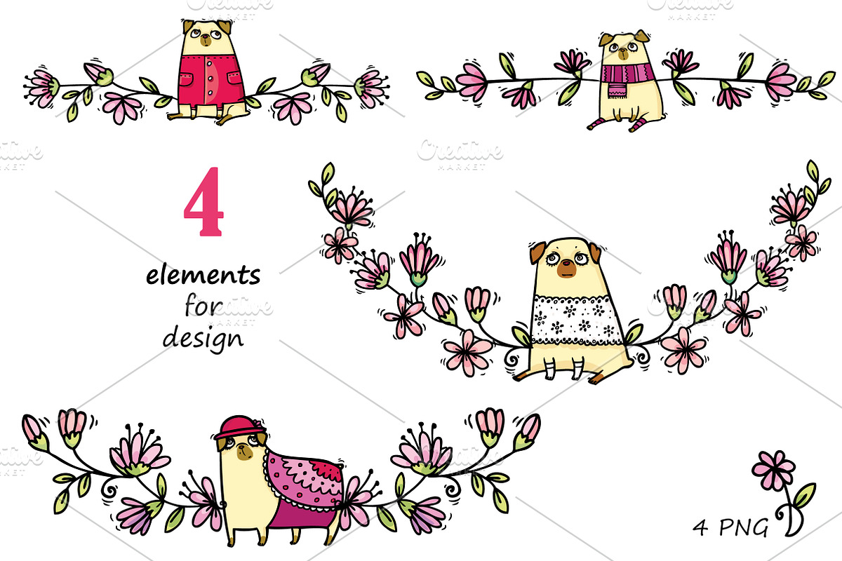 Pugs&Magnolias 29 elements, an Illustration by Zooza Art (Photo 5 of 9)
