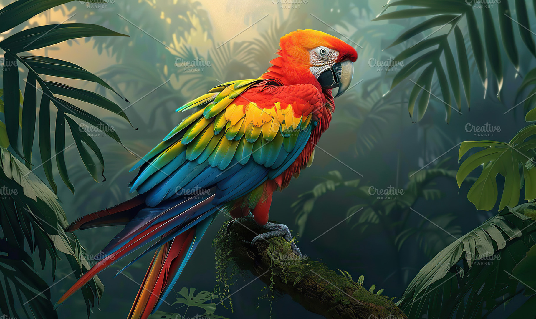 A colorful macaw on a branch amid be, a Photo by LOGOCREATIVE