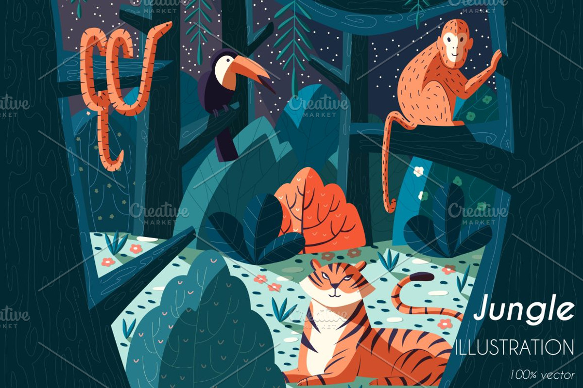 Jungle scene illustration, vector, an Animal Illustration by Blue Lela Design
