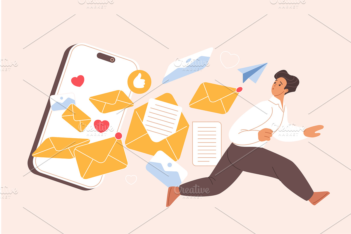 Spam overload information infobesity, a Person Illustration by Lemberg Vector