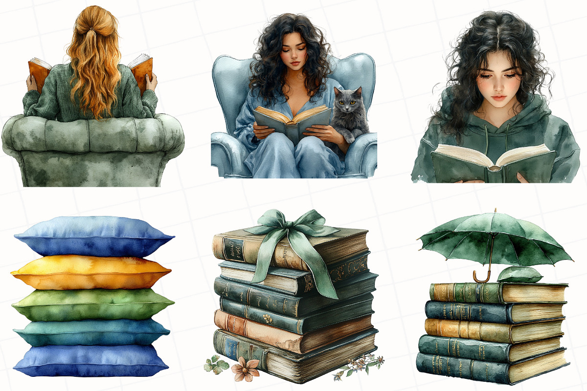 Watercolor Booklover Clipart, an Illustration by OK Design (Photo 3 of 5)