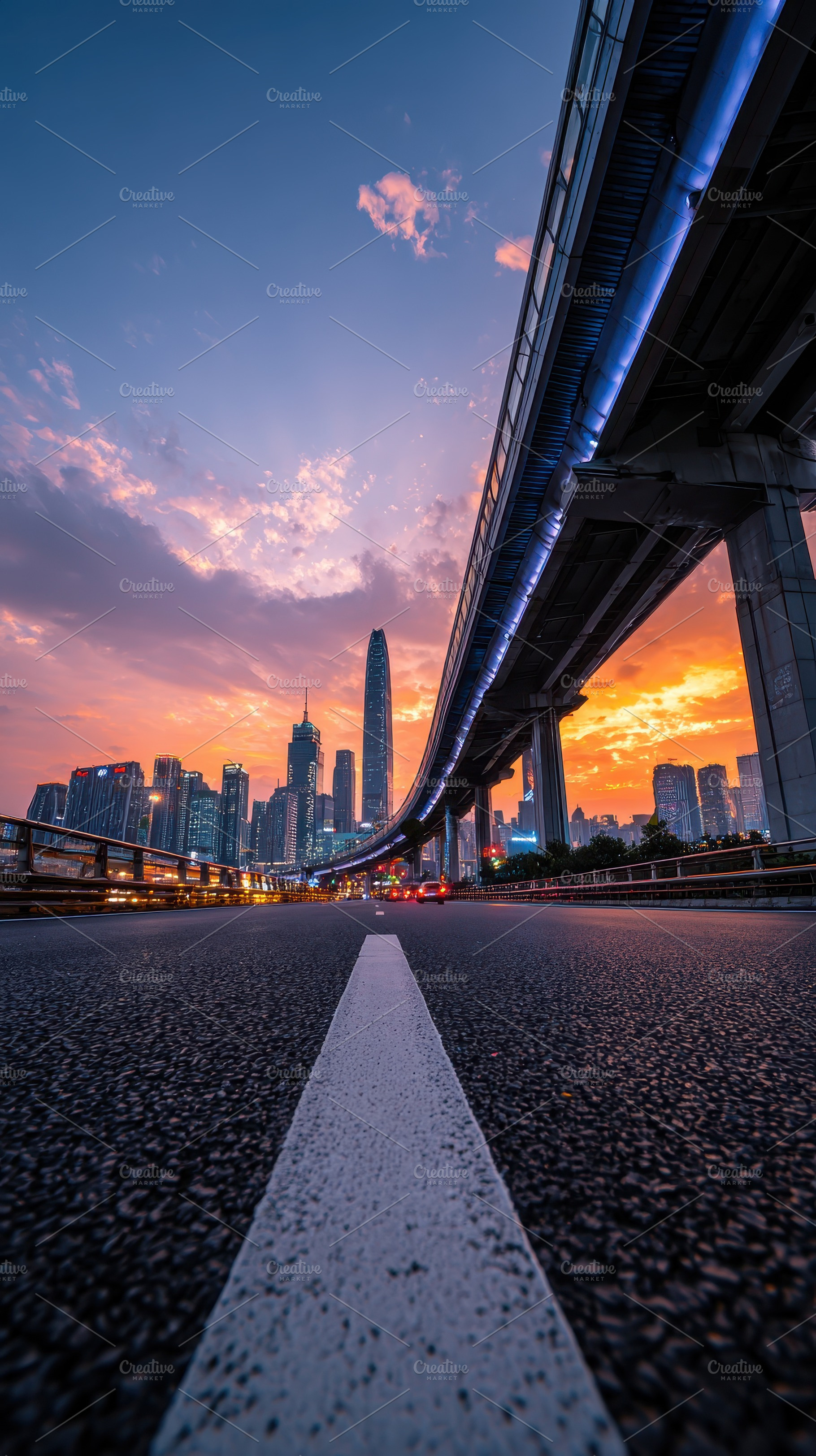 Cityscape sunset highway view urban, a Photo by Pixeness Studio