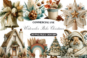 Watercolor Boho Christmas Clipart