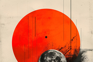 A striking abstract design featuring a large red sun and a detai, a Decorative Illustration by ImageMir