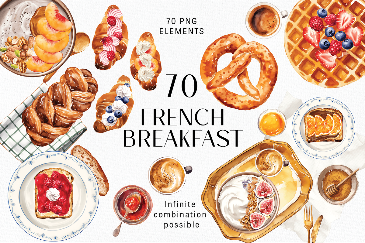 Watercolor French Breakfast Clipart, a Food Illustration by StudioBleu (Photo 1 of 6)