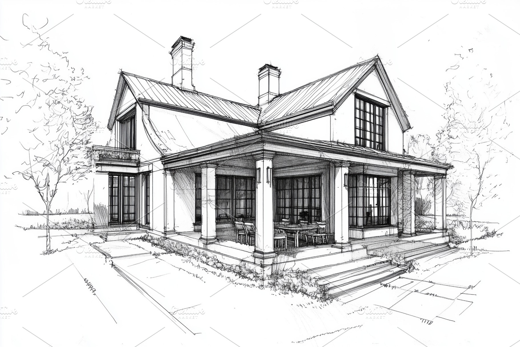 A detailed architectural sketch of a modern Country French house style featurin, an Architecture Photo by Textures & Backgrounds
