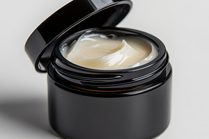 A jar of cream with lid open, cosmet, a Beauty & Fashion Photo by Pixeness Studio