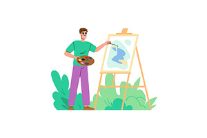 Young artist painting on canvas in, an Illustration by pikepicture