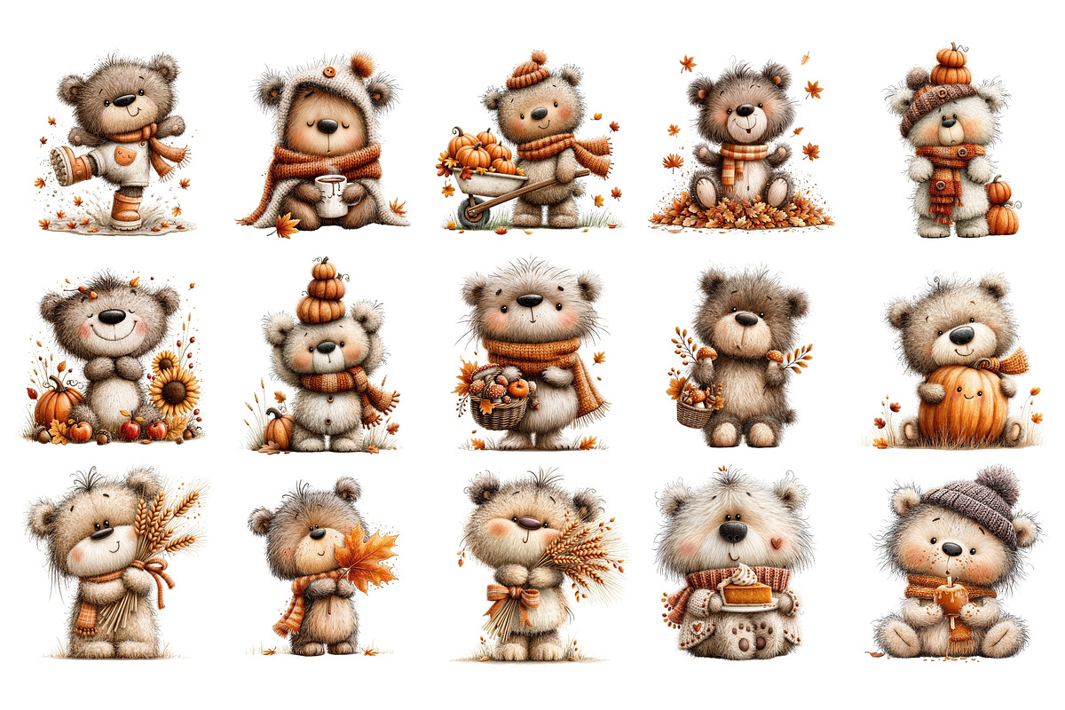Cute Autumn Bear PNG Clipart Bundle, a Seasonal Illustration by Nicolle's Colorful Art (Photo 2 of 5)