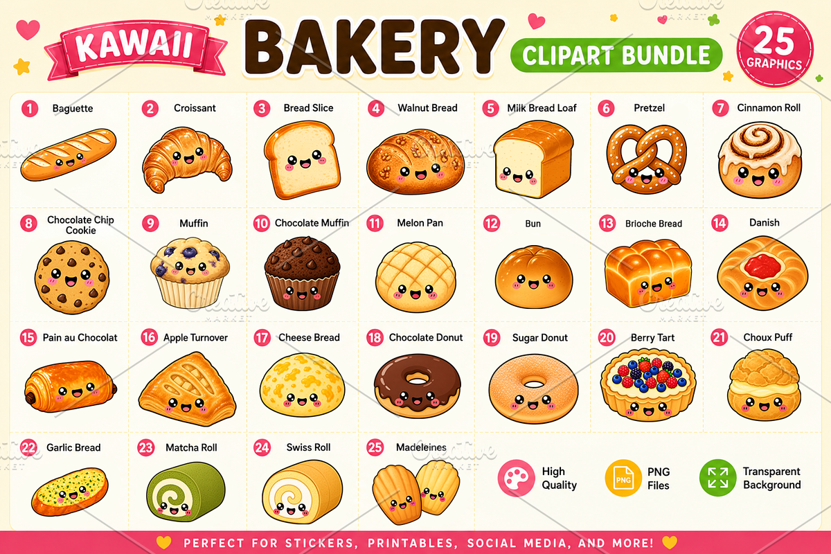 Kawaii Bakery Clipart PNG Bundle, a Food Illustration by QM_ART (Photo 2 of 4)