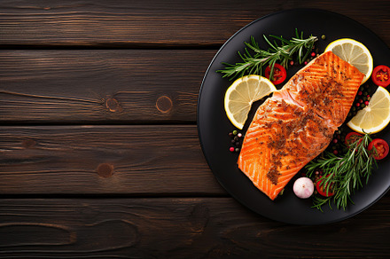 Tasty grilled salmon with pieces of lemon and seasonings on wooden background, a Food & Drink Photo by AlyaAnd