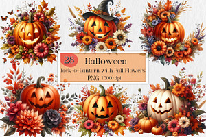Jack-o-Lantern with Fall Flowers Png, an Illustration by Creative Art