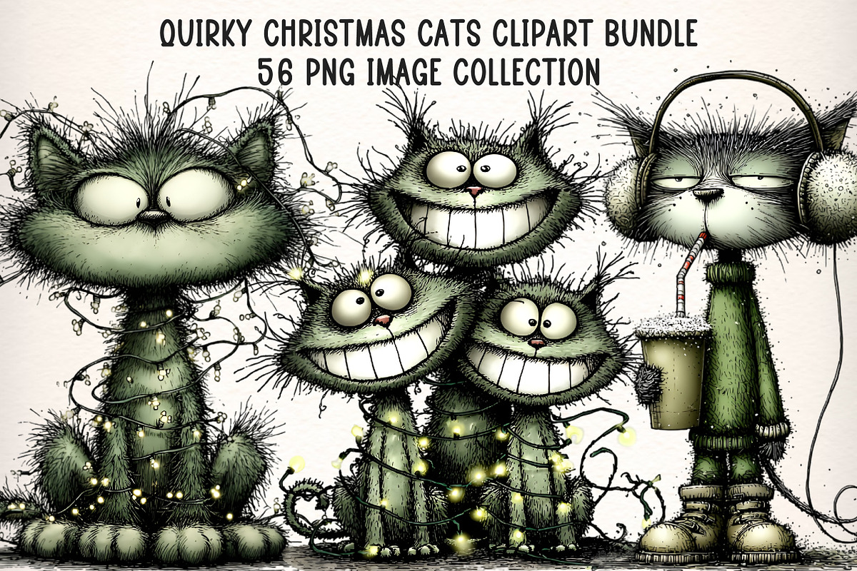 Quirky Christmas Cats Clipart Bundle, an Illustration by Dream Creation (Photo 1 of 9)
