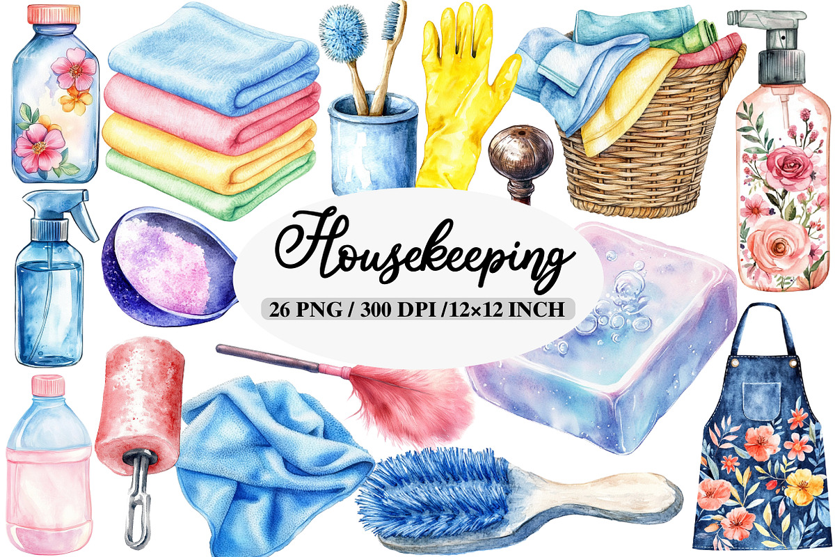 Watercolor Housekeeping Clipart, an Illustration by Daily.Designs (Photo 1 of 5)