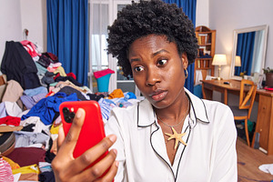 Young woman holding a phone takes a mirror selfie in a cluttered, a Person Photo by DanFLCreativo