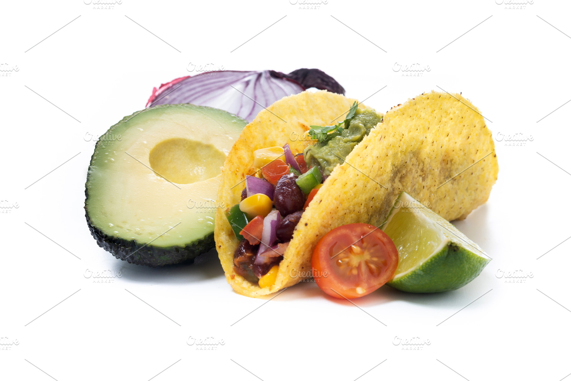 Vegetarian Taco and ingredients isolated on White Background, a Food & Drink Photo by etorres69