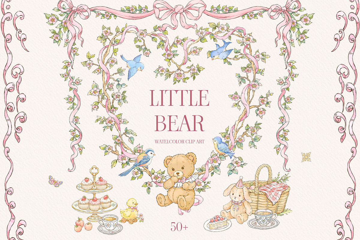 Teddy Bear Pink Watercolor Clipart, a Decorative Illustration by Ekaproeka (Photo 1 of 8)