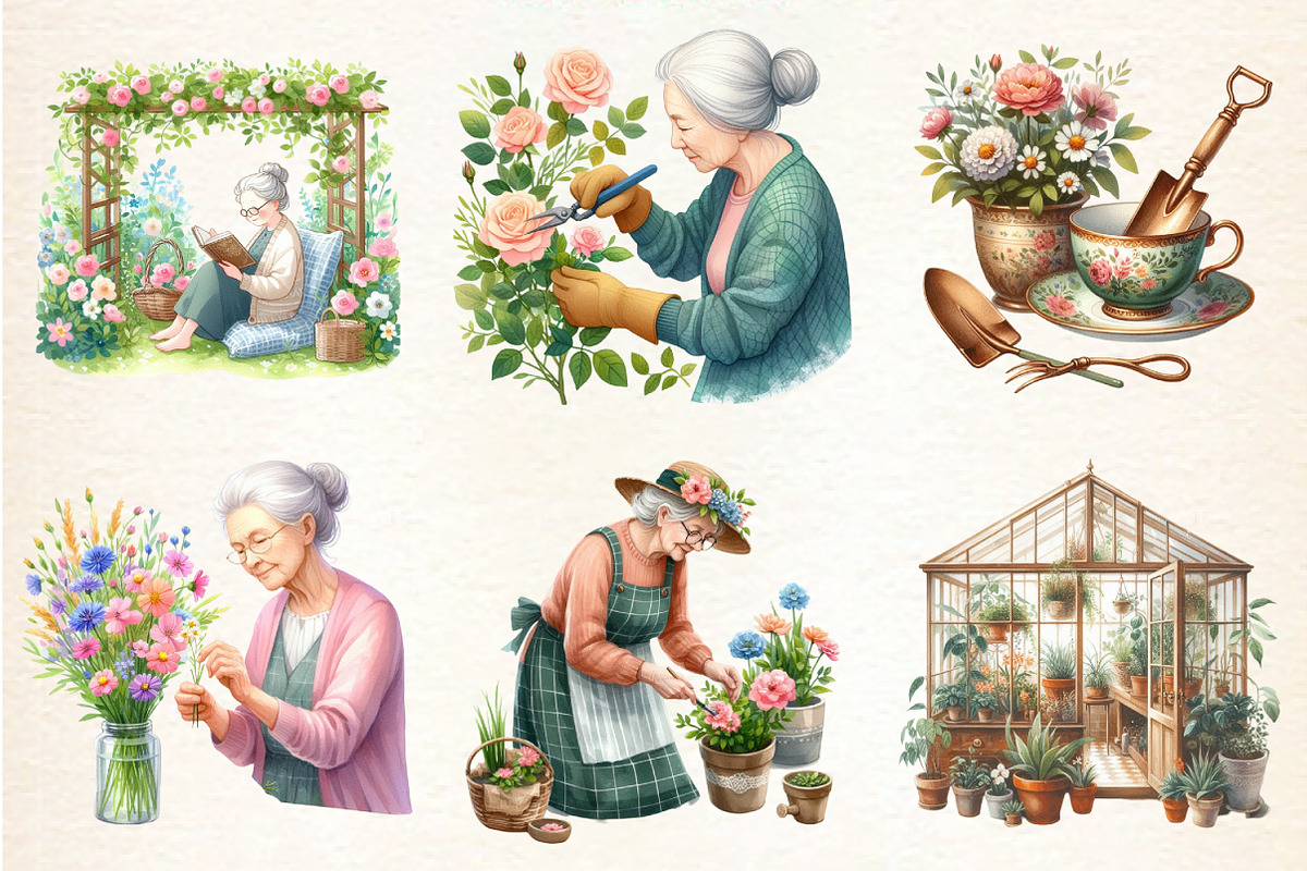 Gardening Grandma with Flowers, an Illustration by DreamArtGraphic (Photo 2 of 4)