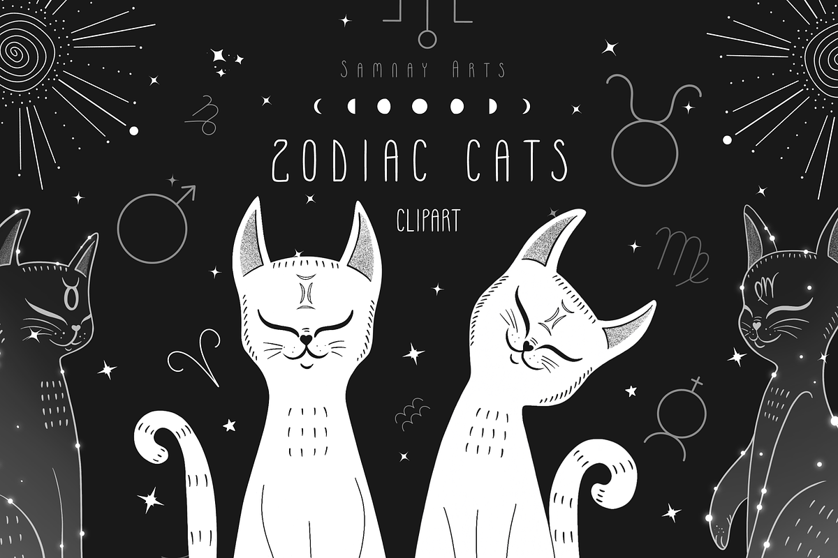 Zodiac Cats.Mystic astrology clipart, an Animal Illustration by Samnay Arts (Photo 1 of 16)