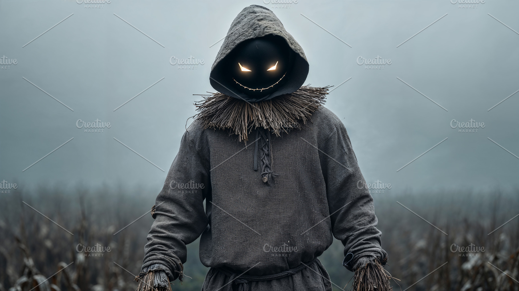 Mysterious Halloween figure stands in foggy cornfield at night, a Holiday Photo by OSORIOartist