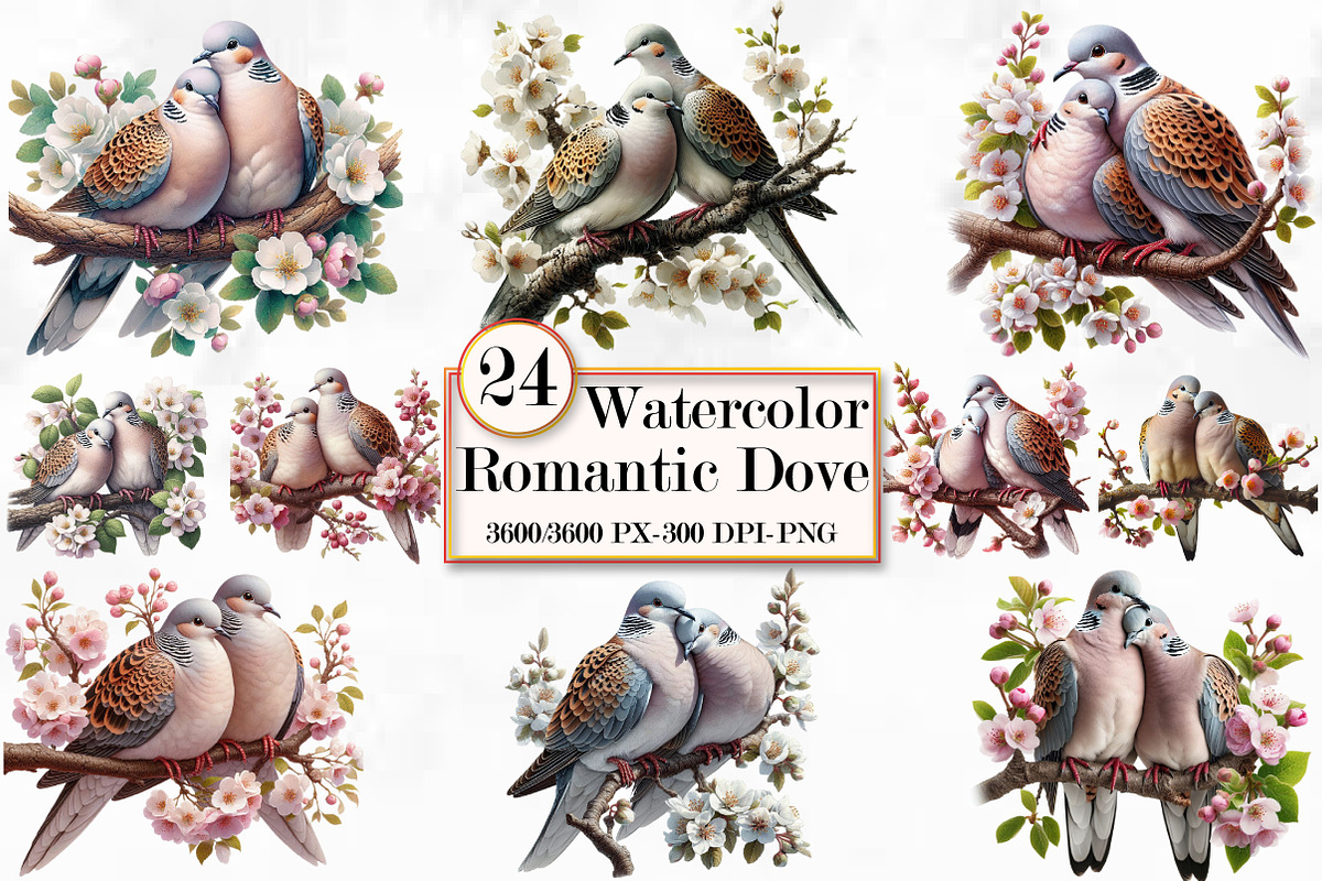 Watercolor Romantic Dove clipart PNG, a Seasonal Illustration by Craft Nest (Photo 1 of 5)