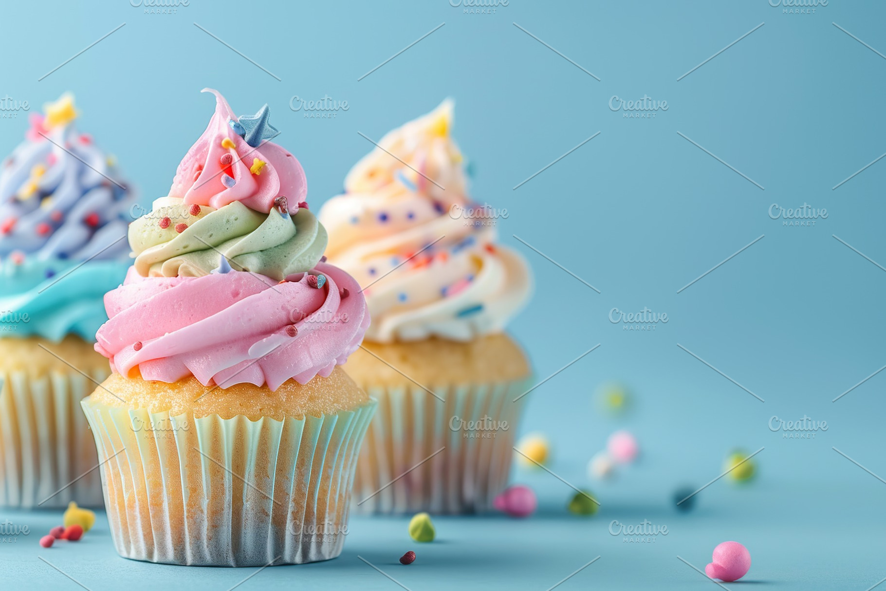 Tasty cupcakes with butter cream and sprinkles on blue background, a Food & Drink Photo by AlyaAnd