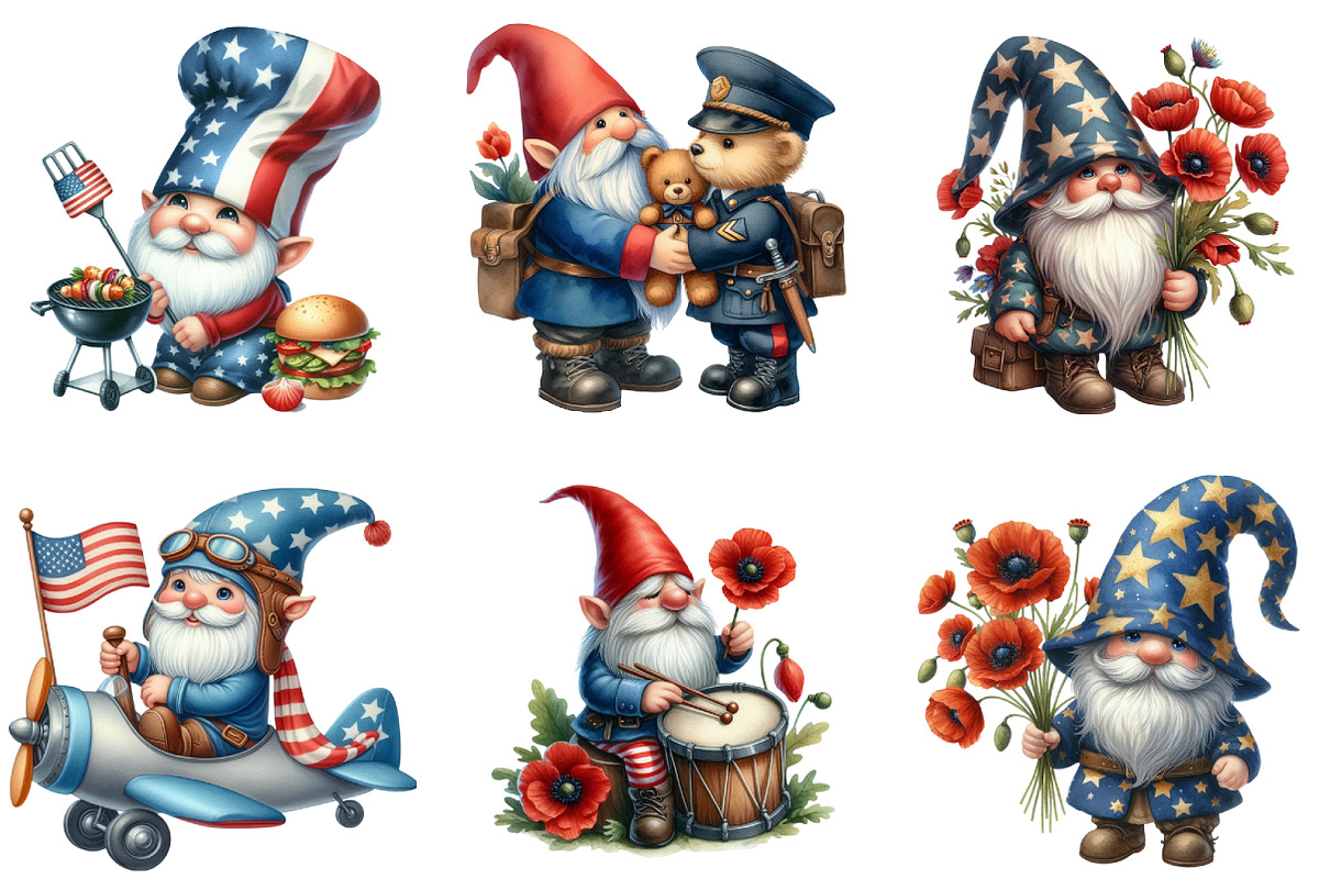 Watercolor Memorial Day Gnomes, a Seasonal Illustration by DreamArtGraphic (Photo 2 of 4)