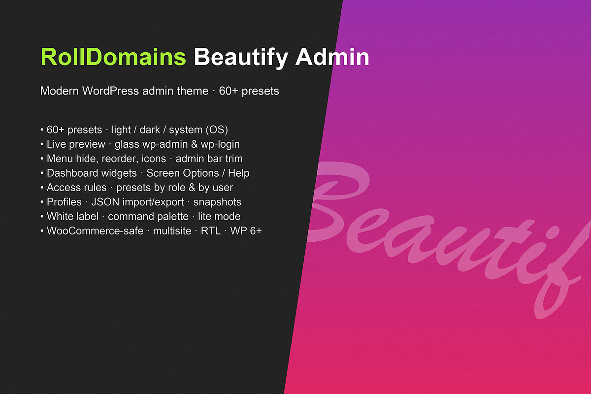 Beautify Admin Modern WP Dashboard, a WordPress Template by CoderBoys (Photo 1 of 3)