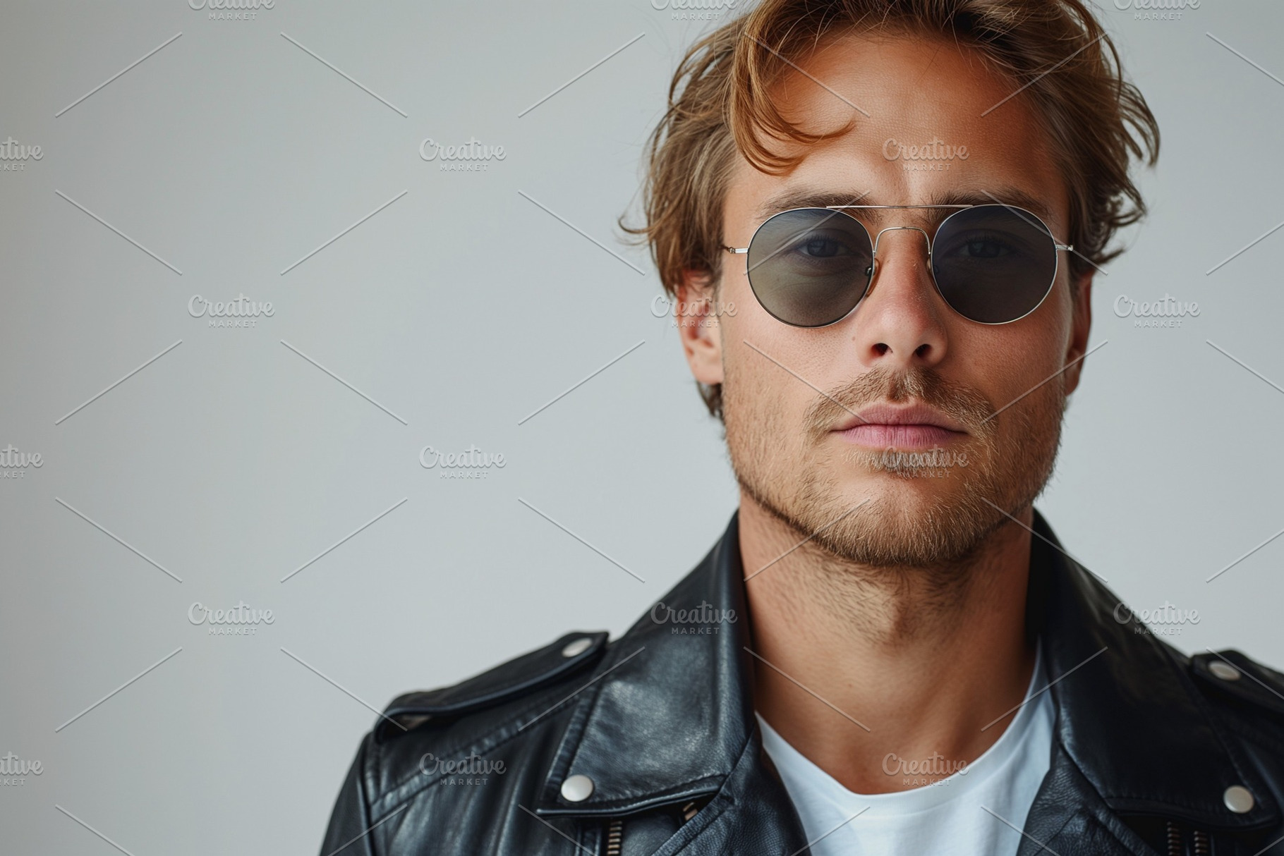 A confident Caucasian man in sunglasses and a leather jacket exudes a cool, edg, a Person Photo by ImageMir