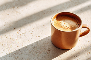 Warm ceramic cup filled with frothy beverage rests on a light surface, a Food & Drink Photo by AlyaAnd